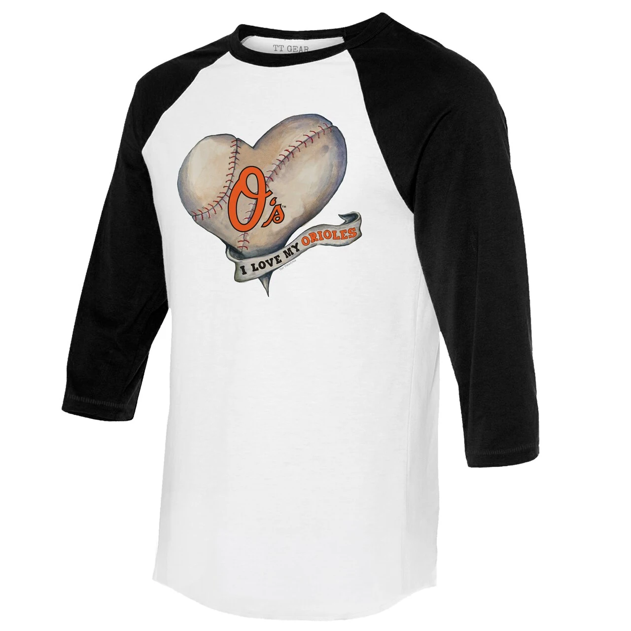 Women's Baltimore Orioles Tiny Turnip White/Black Heart Banner 3/4-Sleeve Raglan T-Shirt - Image 2