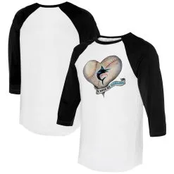Women's Miami Marlins Tiny Turnip White/Black Heart Banner 3/4-Sleeve Raglan T-Shirt