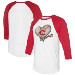 Women's Cincinnati Reds Tiny Turnip White/Red Heart Banner 3/4-Sleeve Raglan T-Shirt