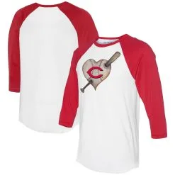 Women's Cincinnati Reds Tiny Turnip White/Red Heart Bat 3/4-Sleeve Raglan T-Shirt