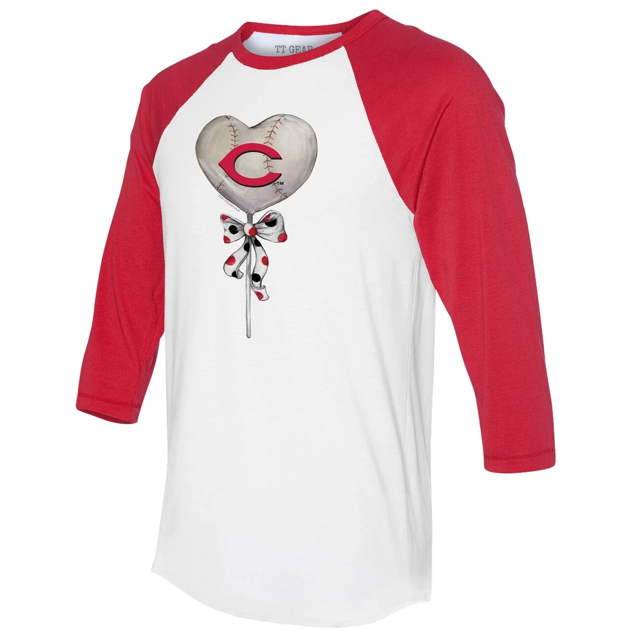 Women's Cincinnati Reds Tiny Turnip White/Red Heart Lolly 3/4-Sleeve Raglan T-Shirt - Image 2