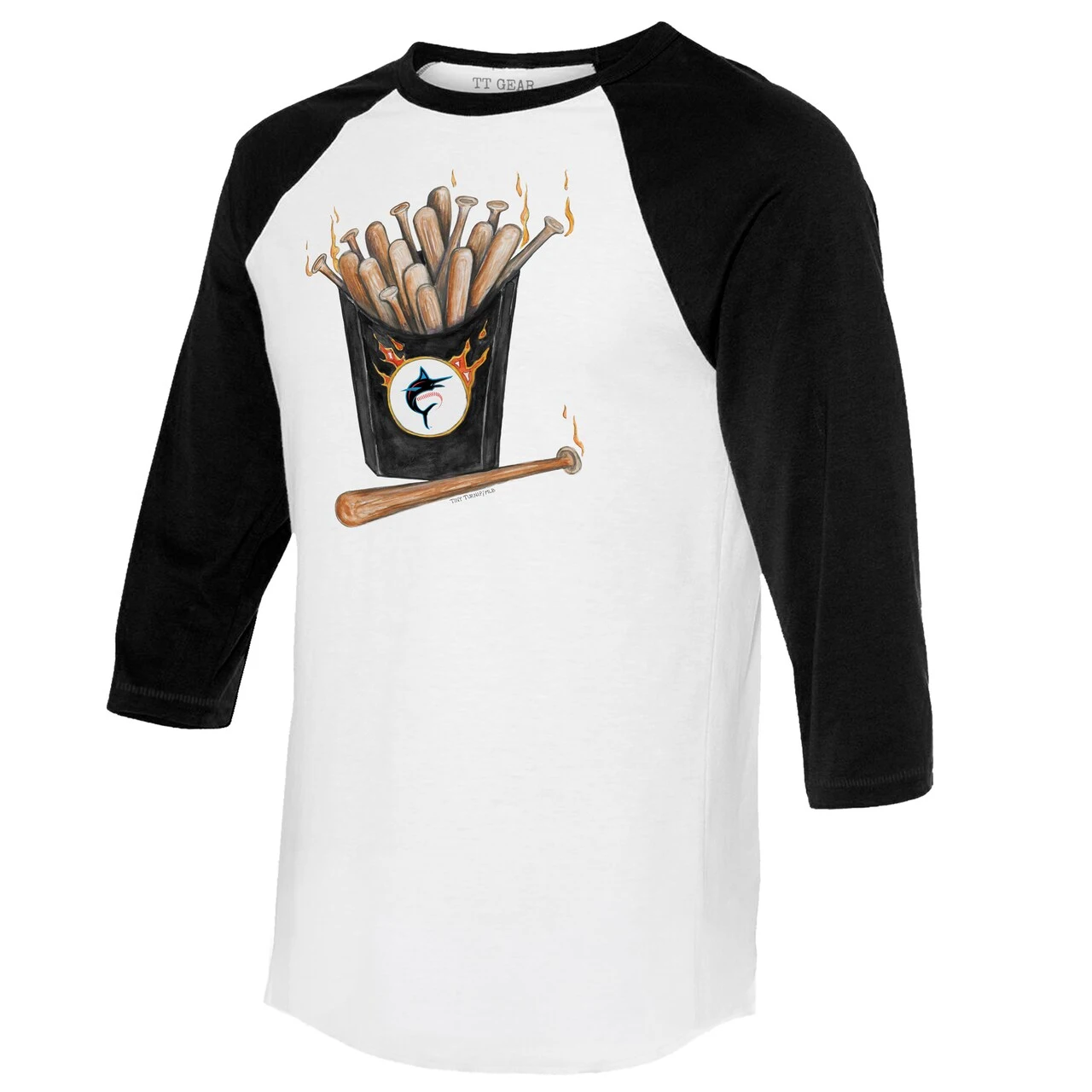 Women's Miami Marlins Tiny Turnip White/Black Hot Bats 3/4-Sleeve Raglan T-Shirt - Image 2