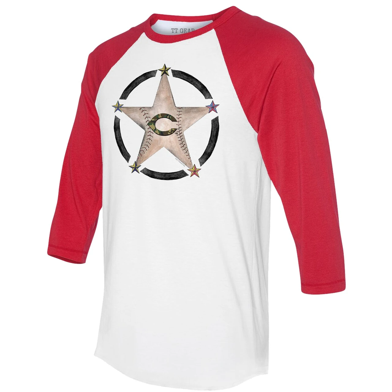 Women's Cincinnati Reds Tiny Turnip White/Red Military Star 3/4-Sleeve Raglan T-Shirt - Image 2