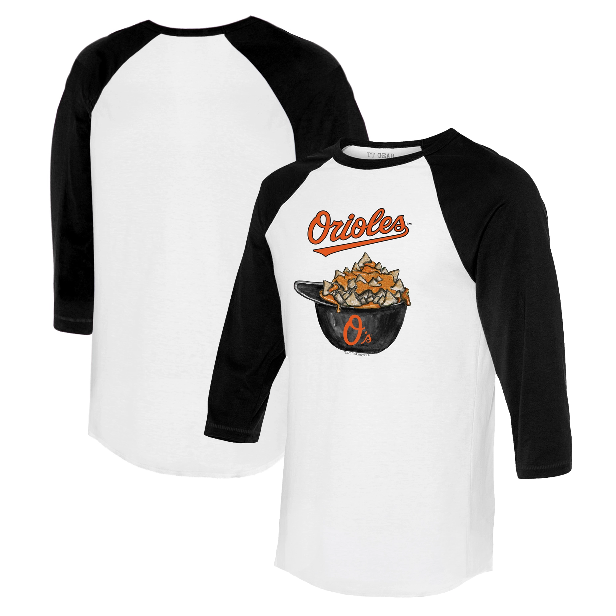 Women's Baltimore Orioles Tiny Turnip White/Black Nacho Helmet 3/4-Sleeve Raglan T-Shirt