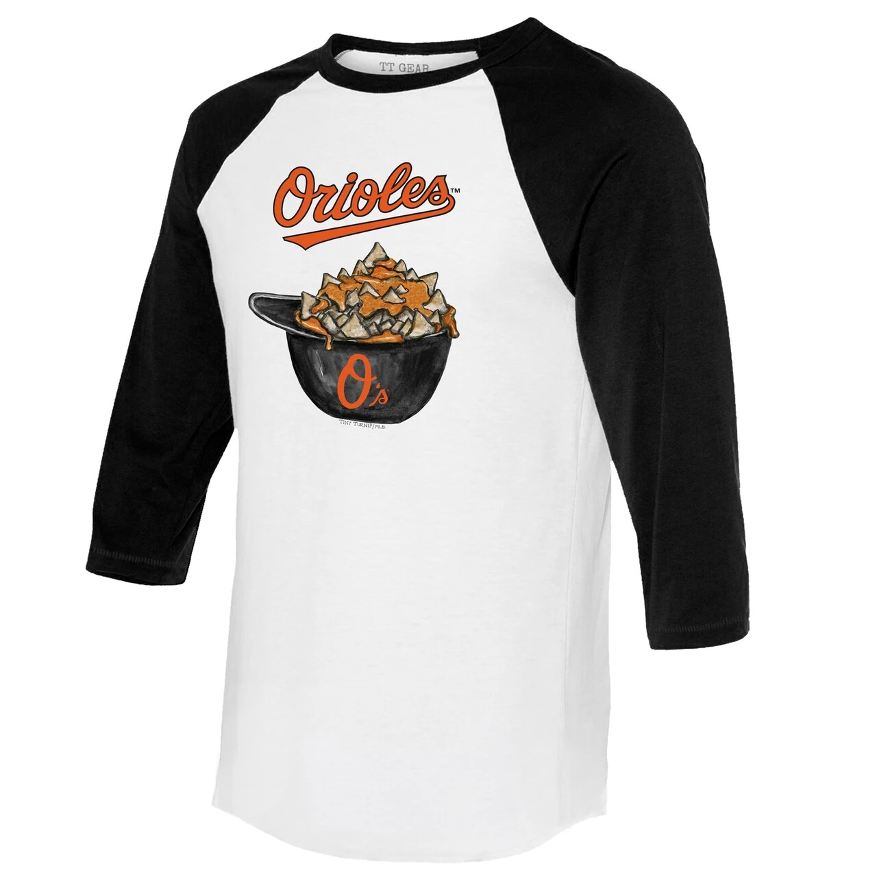 Women's Baltimore Orioles Tiny Turnip White/Black Nacho Helmet 3/4-Sleeve Raglan T-Shirt - Image 2