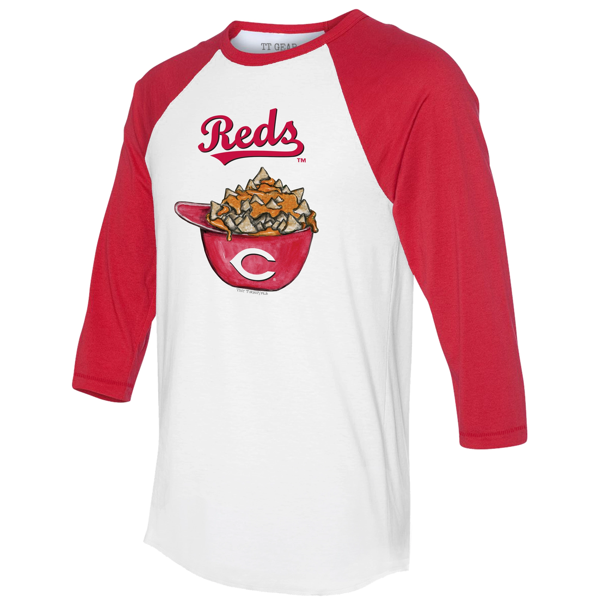 Women's Cincinnati Reds Tiny Turnip White/Red Nacho Helmet 3/4-Sleeve Raglan T-Shirt - Image 2
