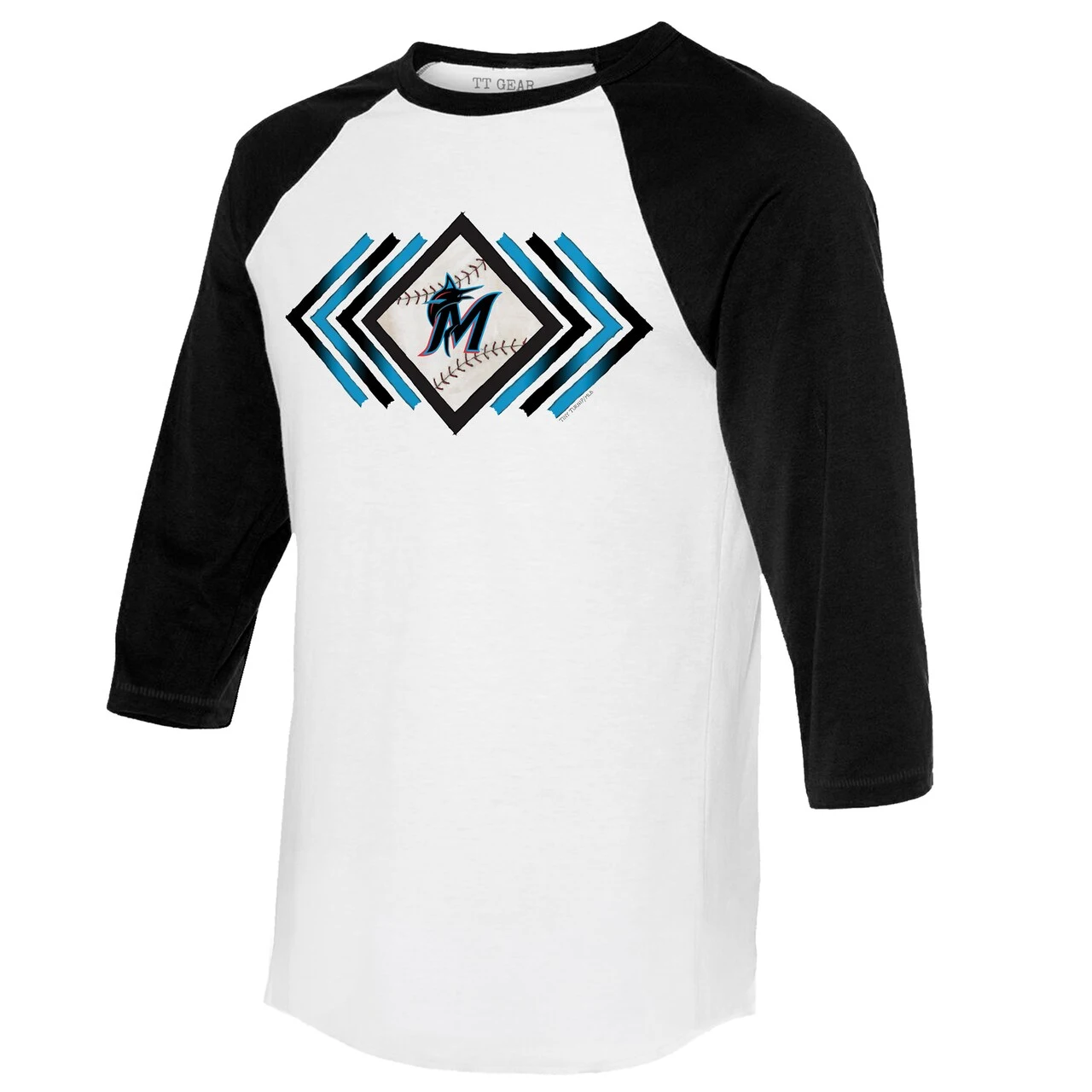 Women's Miami Marlins Tiny Turnip White Prism Arrows 3/4-Sleeve Raglan T-Shirt - Image 2