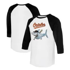 Women's Baltimore Orioles Tiny Turnip White/Black Shark 3/4-Sleeve Raglan T-Shirt