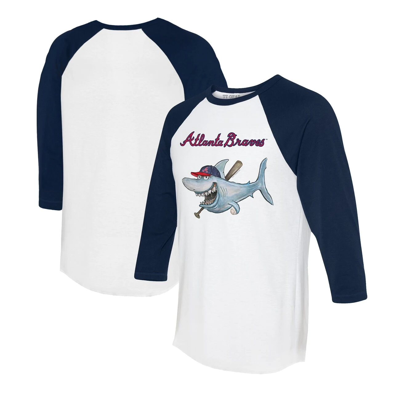 Women's Atlanta Braves Tiny Turnip White/Navy Shark 3/4-Sleeve Raglan T-Shirt