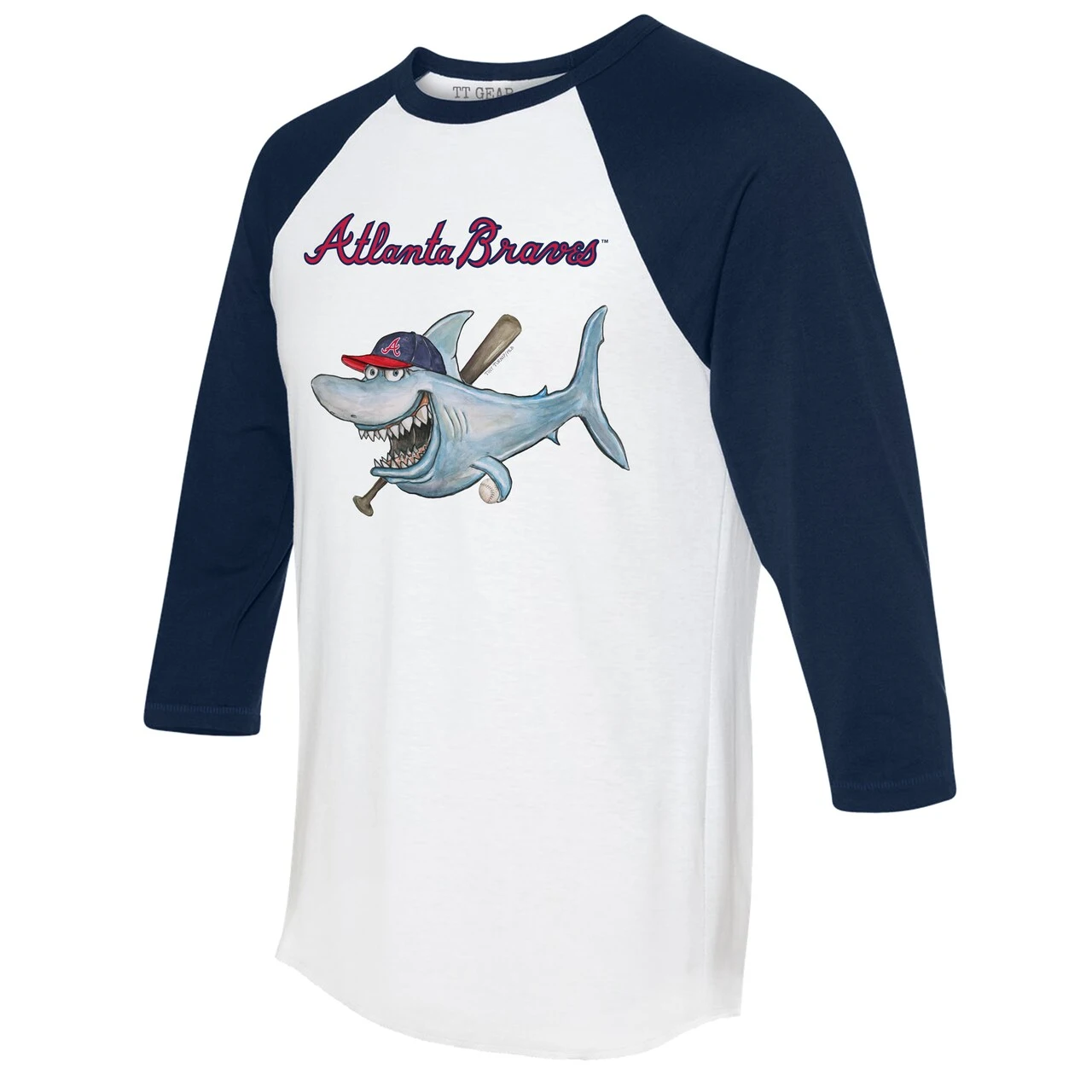 Women's Atlanta Braves Tiny Turnip White/Navy Shark 3/4-Sleeve Raglan T-Shirt - Image 2
