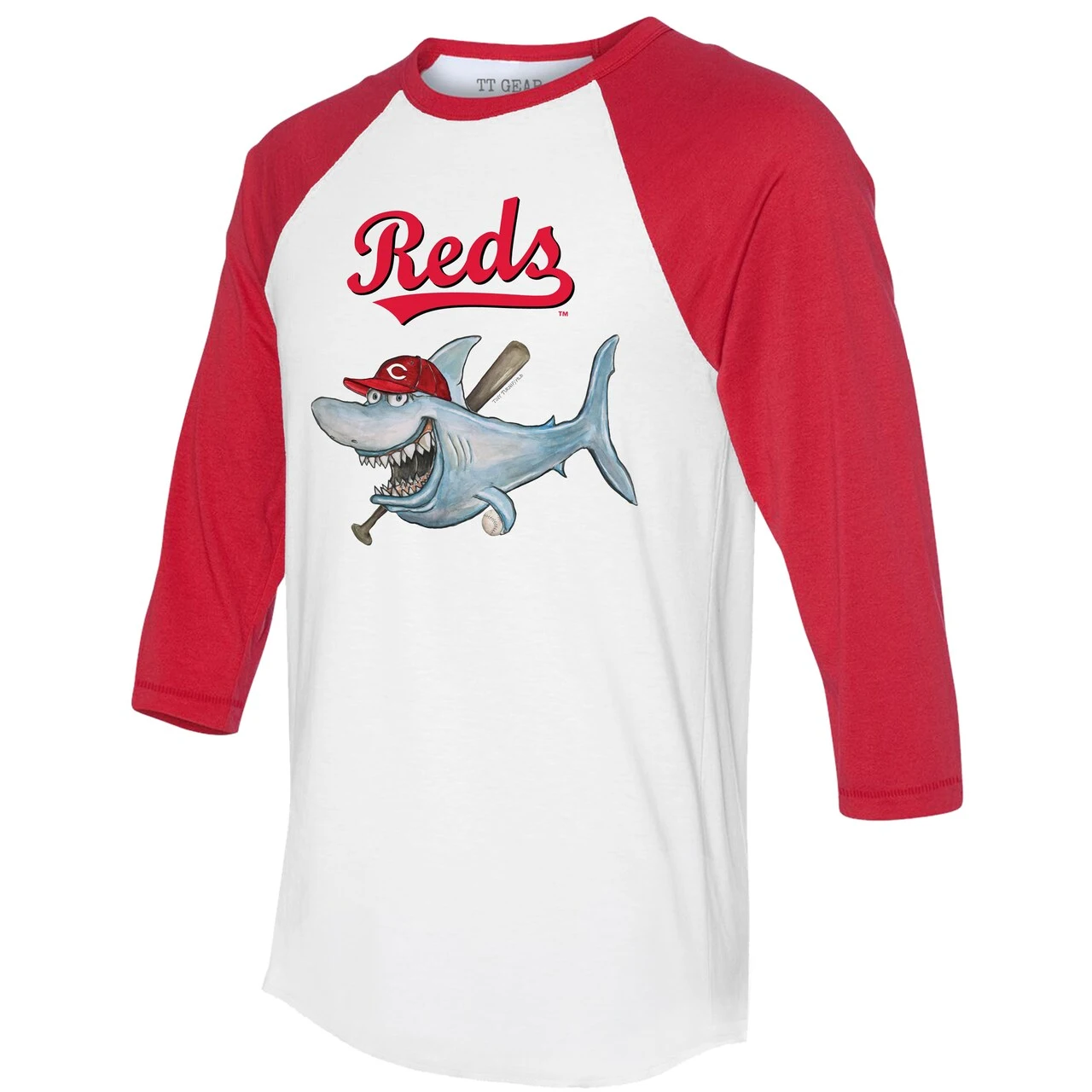 Women's Cincinnati Reds Tiny Turnip White/Red Shark 3/4-Sleeve Raglan T-Shirt - Image 2
