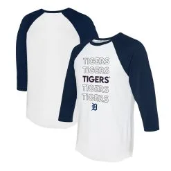 Women's Detroit Tigers Tiny Turnip White/Navy Stacked 3/4-Sleeve Raglan T-Shirt