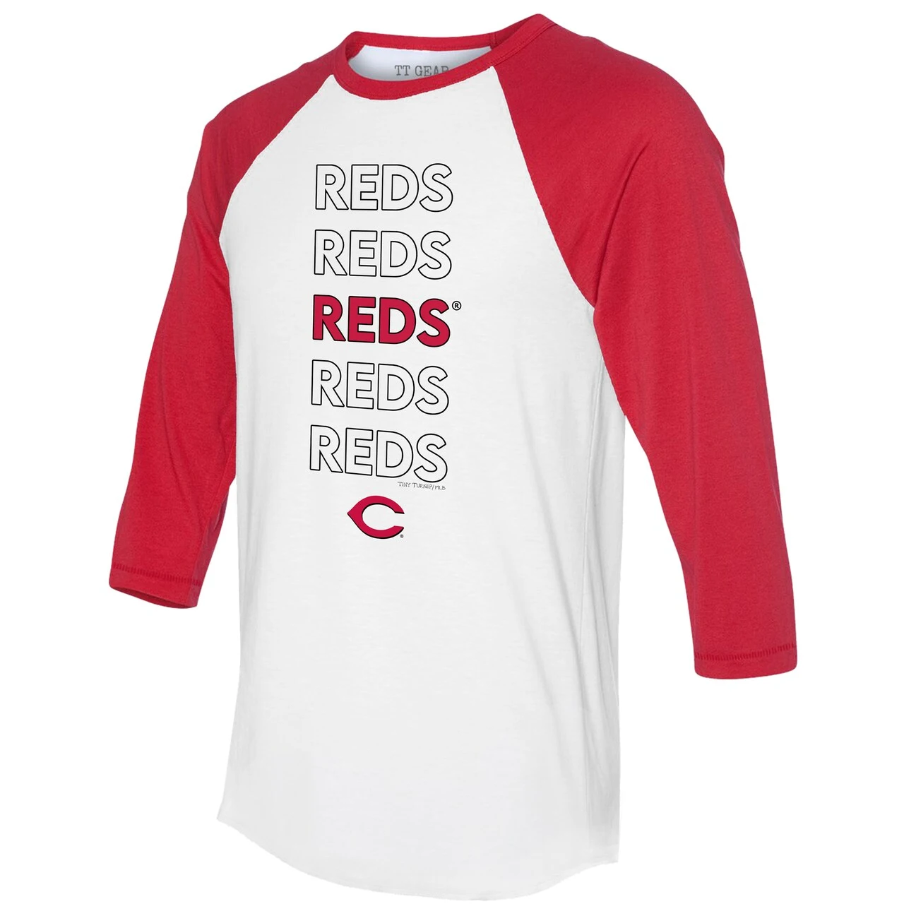 Women's Cincinnati Reds Tiny Turnip White/Red Stacked 3/4-Sleeve Raglan T-Shirt - Image 2