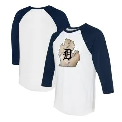 Women's Detroit Tigers Tiny Turnip White/Navy State Outline 3/4-Sleeve Raglan T-Shirt