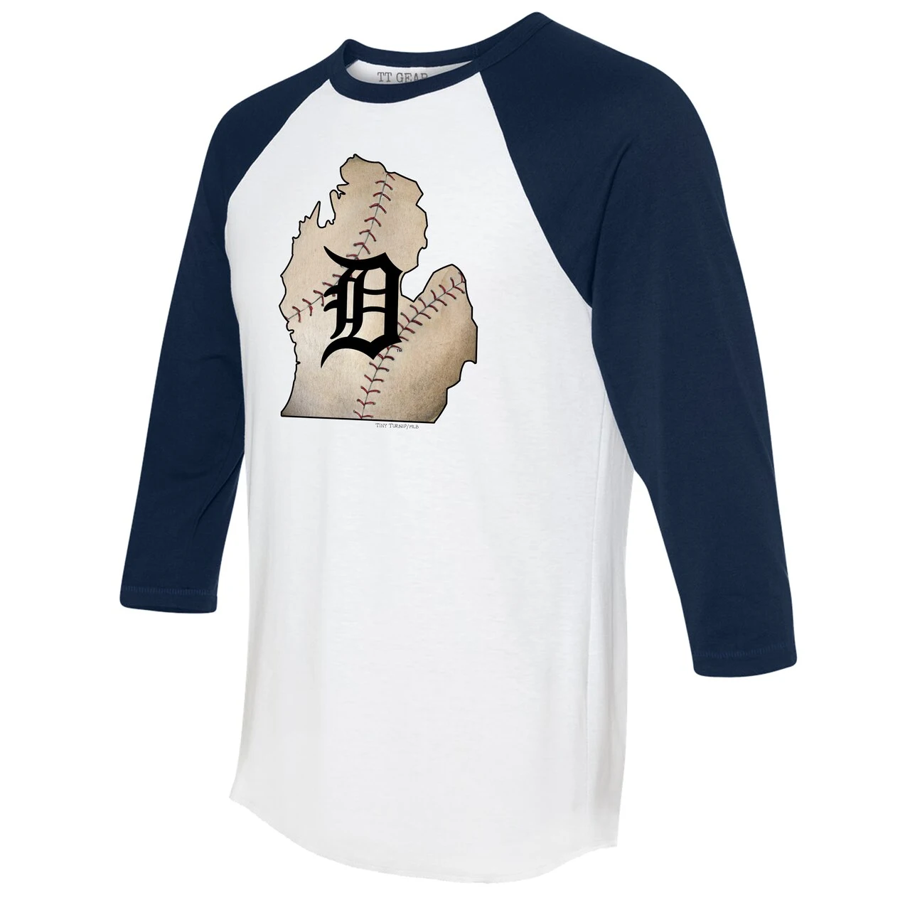 Women's Detroit Tigers Tiny Turnip White/Navy State Outline 3/4-Sleeve Raglan T-Shirt - Image 2