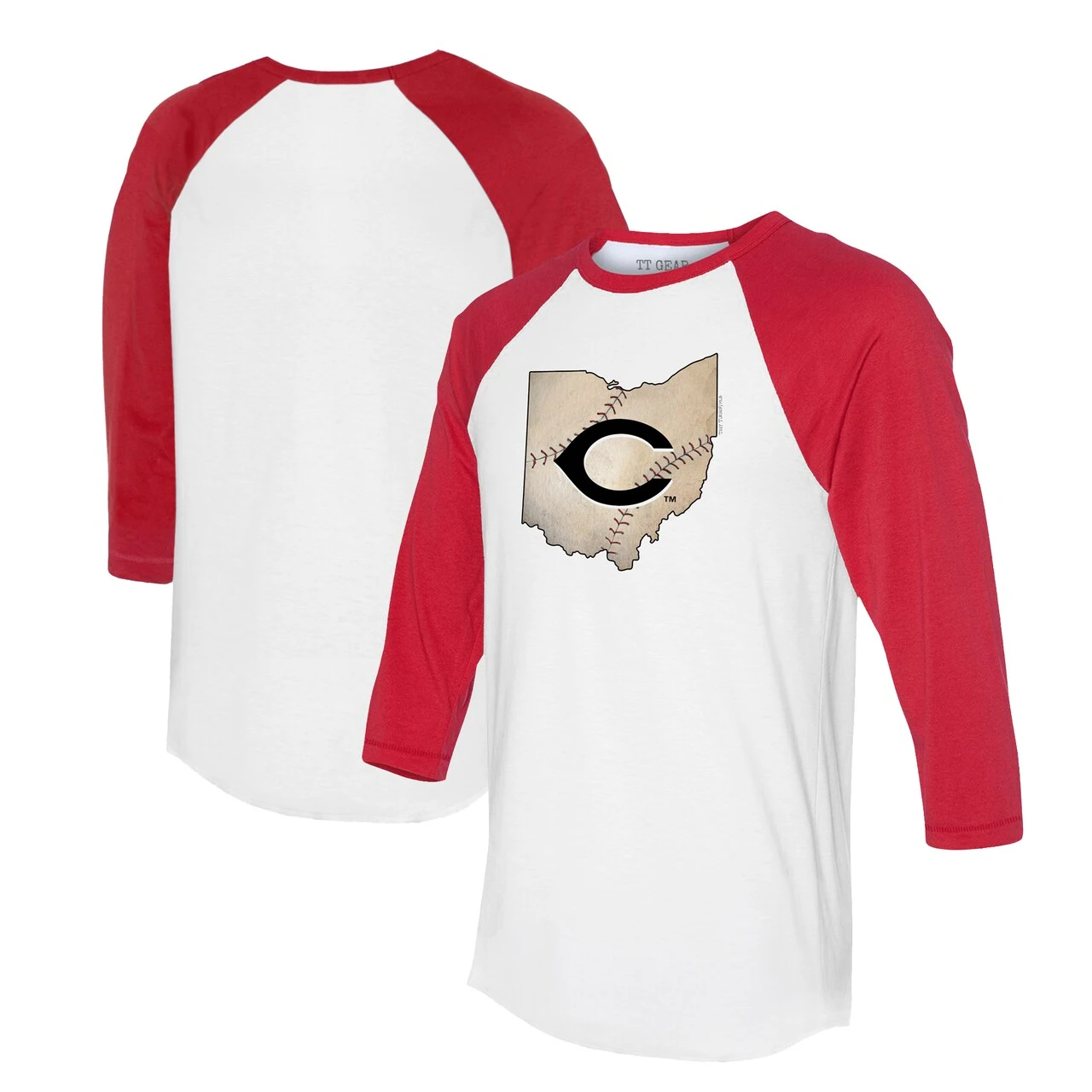 Women's Cincinnati Reds Tiny Turnip White/Red State Outline 3/4-Sleeve Raglan T-Shirt