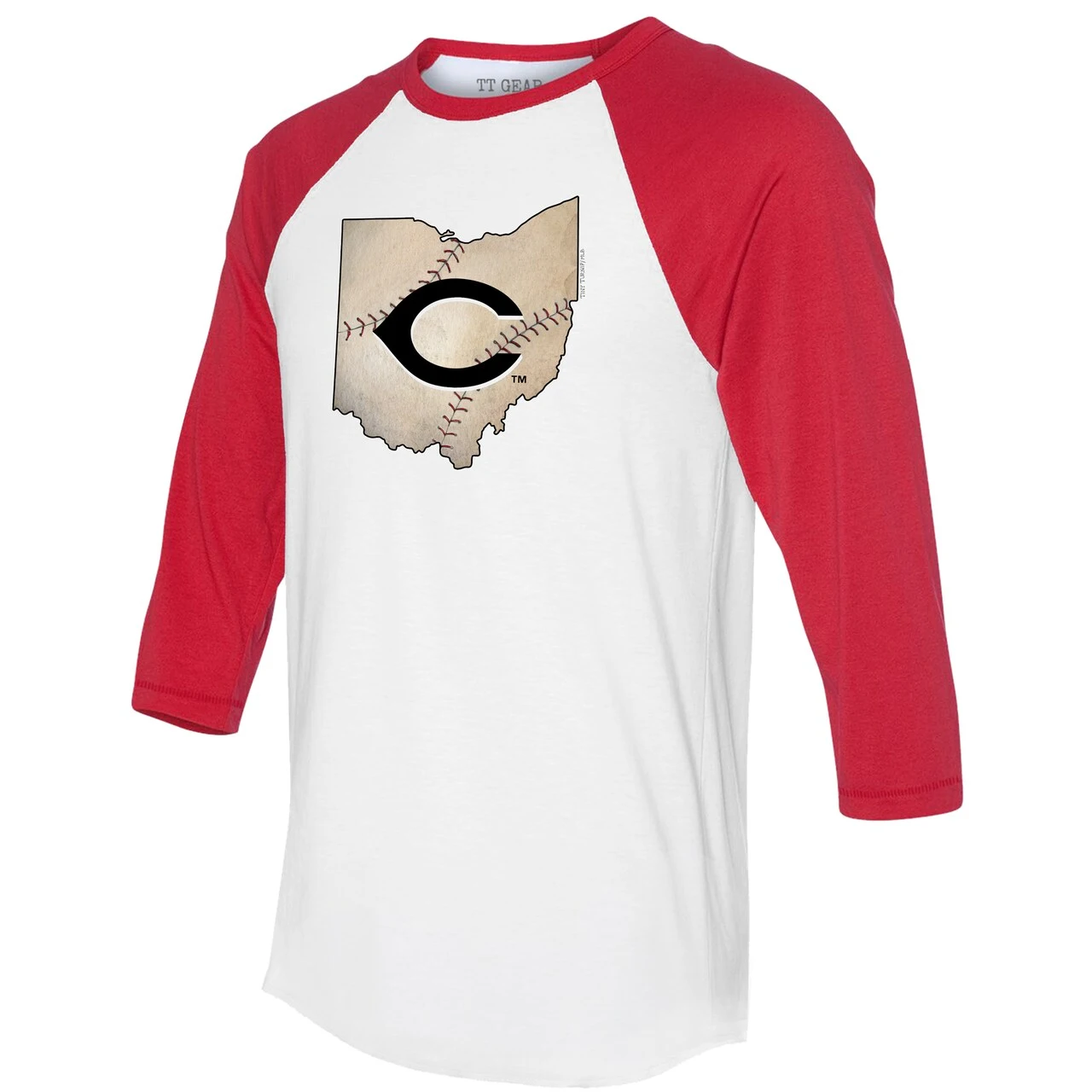 Women's Cincinnati Reds Tiny Turnip White/Red State Outline 3/4-Sleeve Raglan T-Shirt - Image 2