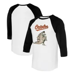 Women's Baltimore Orioles Tiny Turnip White/Black Stega 3/4-Sleeve Raglan T-Shirt