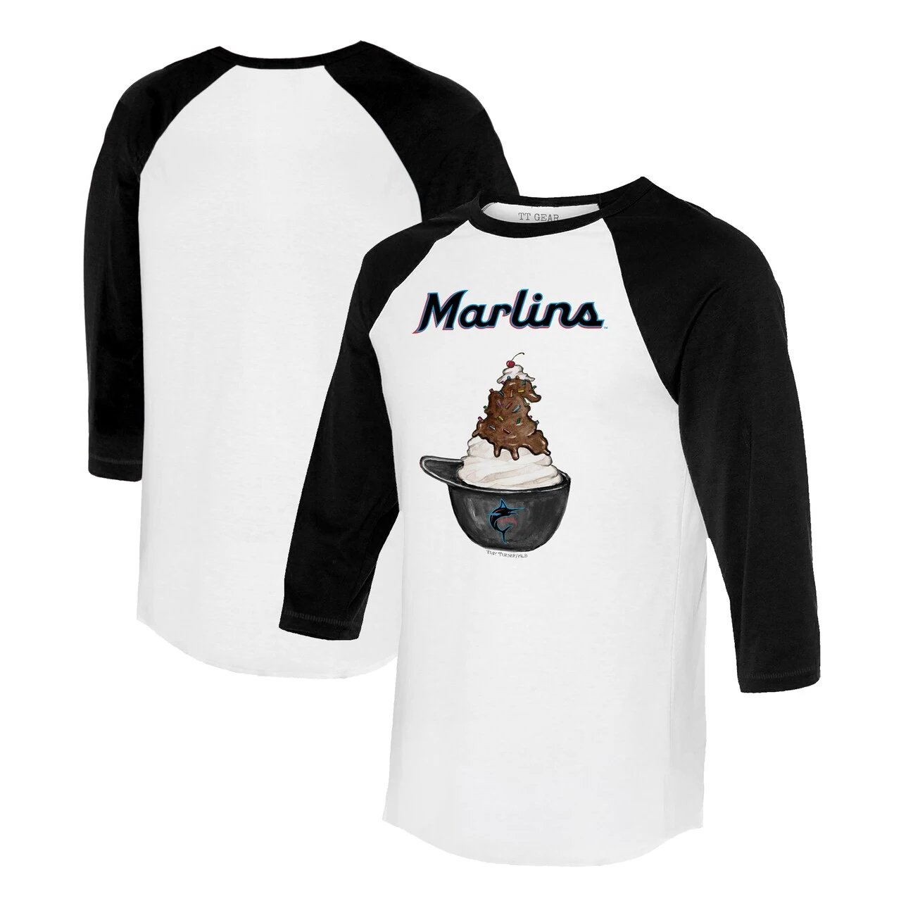 Women's Miami Marlins Tiny Turnip White/Black Sundae Helmet 3/4-Sleeve Raglan T-Shirt