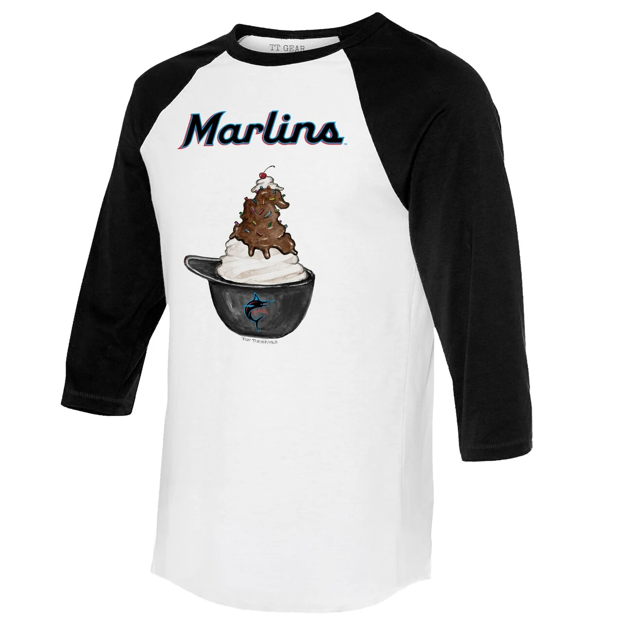 Women's Miami Marlins Tiny Turnip White/Black Sundae Helmet 3/4-Sleeve Raglan T-Shirt - Image 2