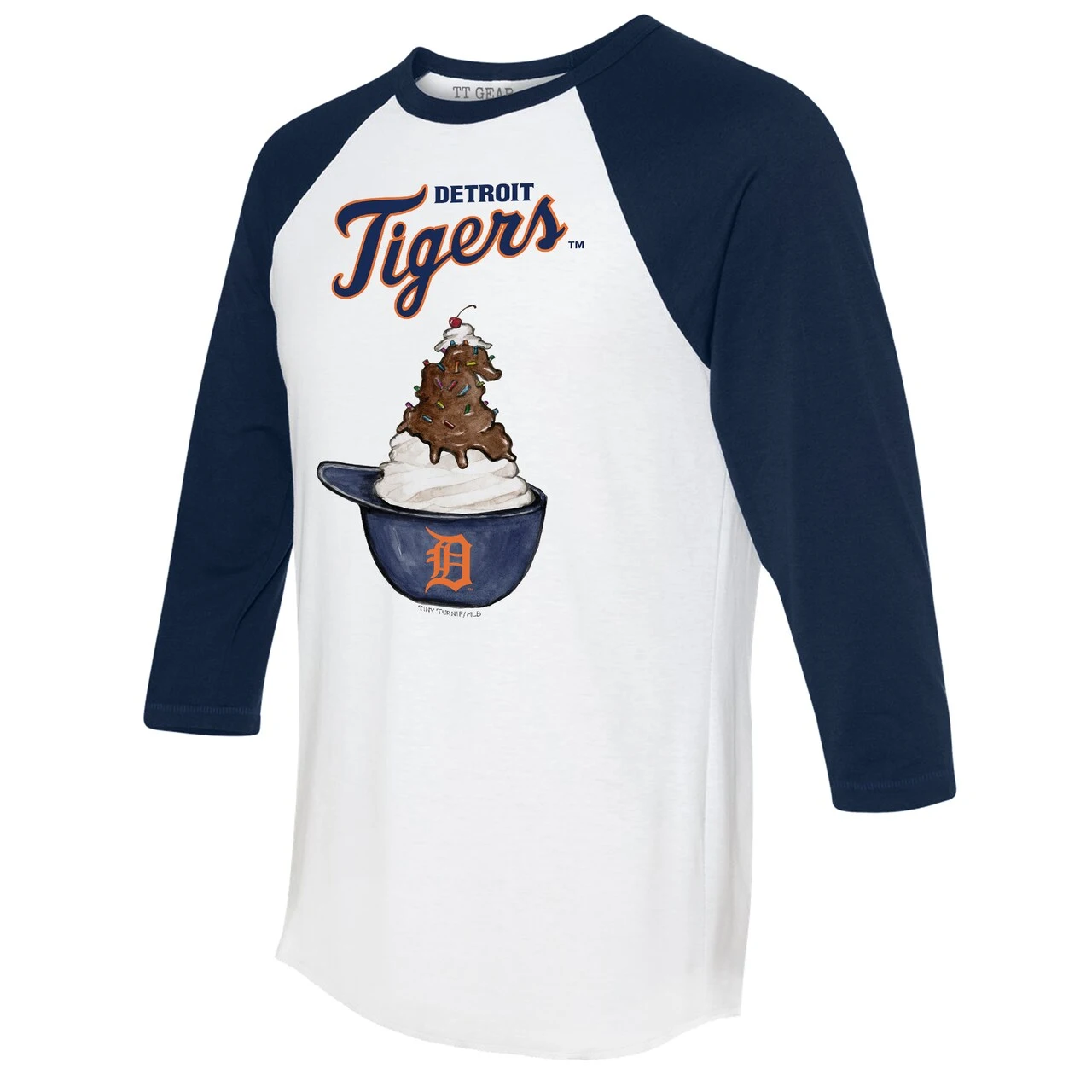 Women's Detroit Tigers Tiny Turnip White/Navy Sundae Helmet 3/4-Sleeve Raglan T-Shirt - Image 2