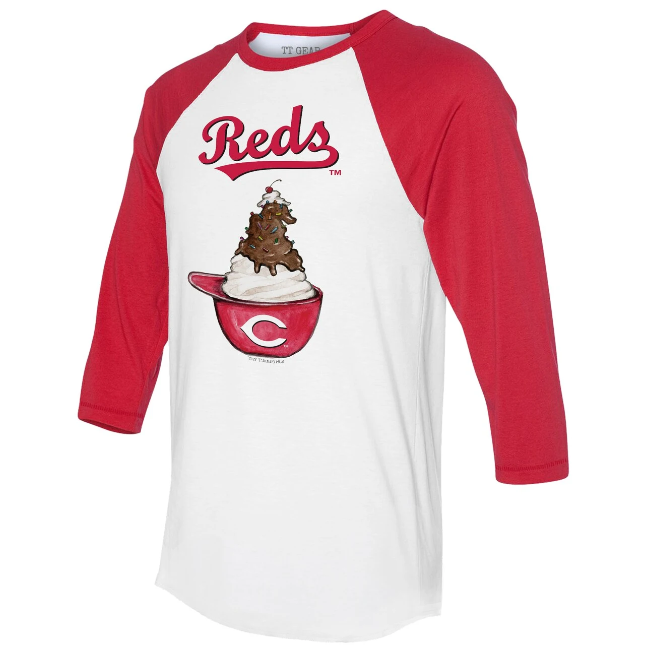 Women's Cincinnati Reds Tiny Turnip White/Red Sundae Helmet 3/4-Sleeve Raglan T-Shirt - Image 2