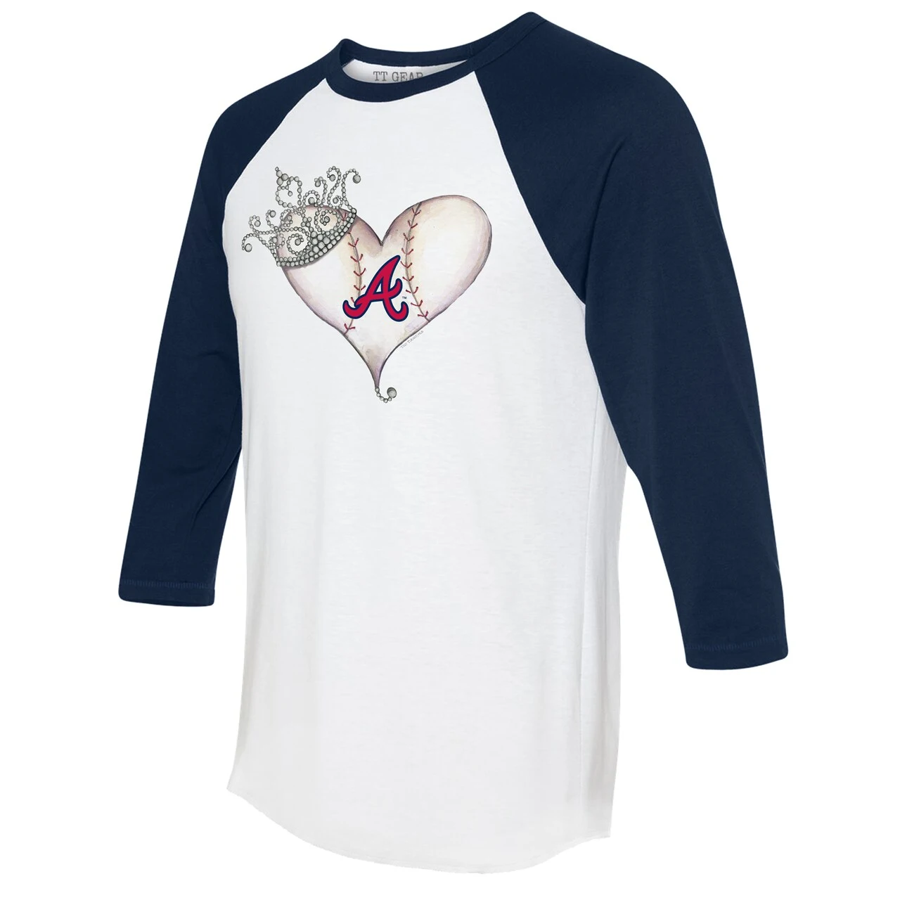 Women's Atlanta Braves Tiny Turnip White/Navy Tiara Heart 3/4-Sleeve Raglan T-Shirt - Image 2