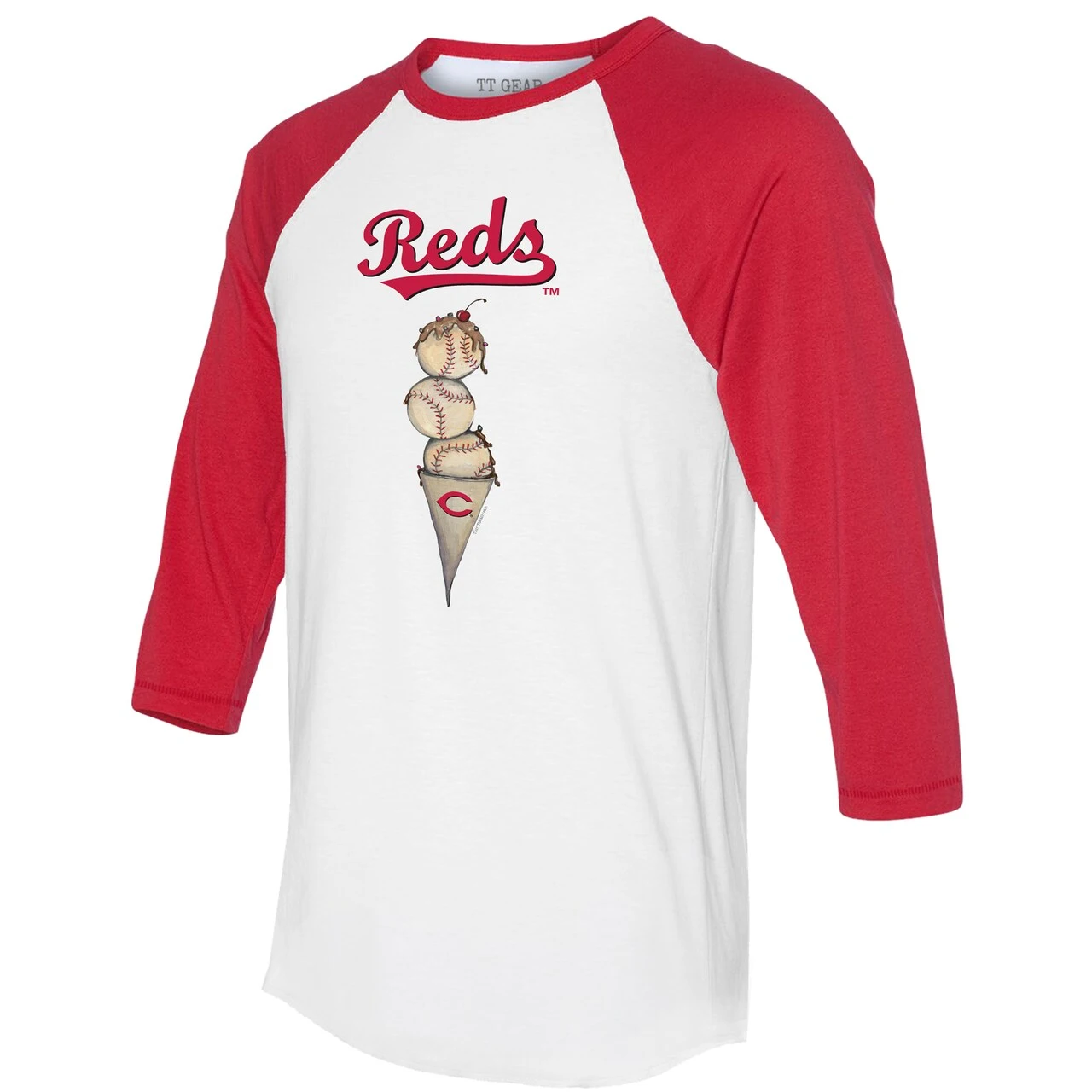 Women's Cincinnati Reds Tiny Turnip White/Red Triple Scoop 3/4-Sleeve Raglan T-Shirt - Image 2
