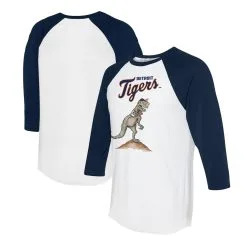 Women's Detroit Tigers Tiny Turnip White/Navy TT Rex 3/4-Sleeve Raglan T-Shirt