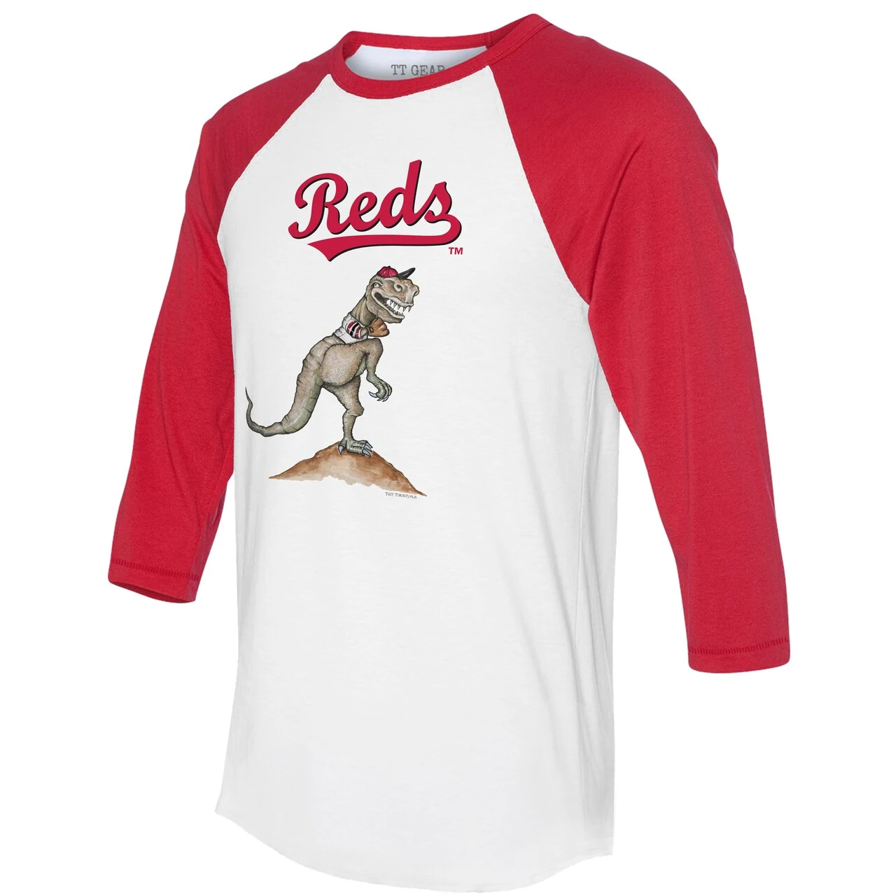 Women's Cincinnati Reds Tiny Turnip White/Red TT Rex 3/4-Sleeve Raglan T-Shirt - Image 2