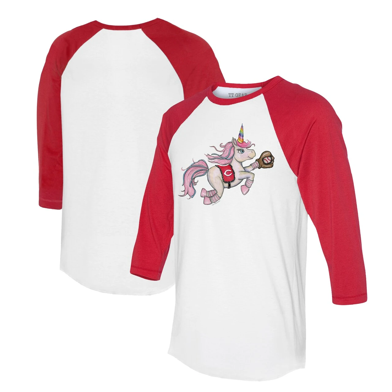 Women's Cincinnati Reds Tiny Turnip White/Red Unicorn 3/4-Sleeve Raglan T-Shirt