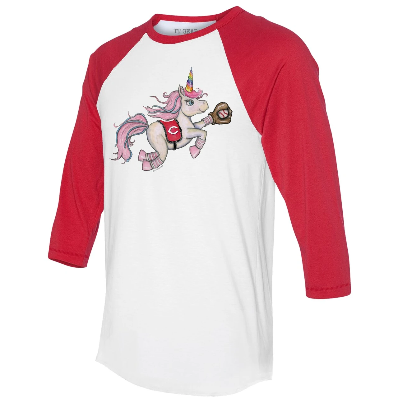 Women's Cincinnati Reds Tiny Turnip White/Red Unicorn 3/4-Sleeve Raglan T-Shirt - Image 2