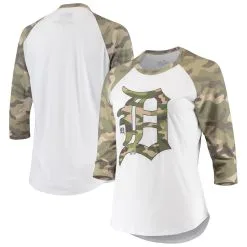 Women's Detroit Tigers Majestic Threads White/Camo Raglan 3/4-Sleeve T-Shirt