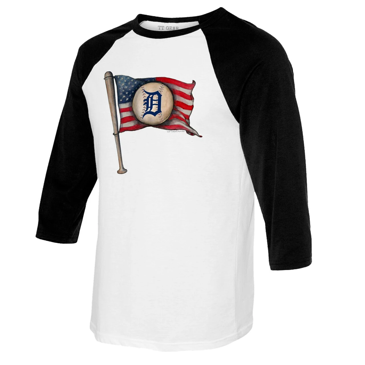 Women's Detroit Tigers Tiny Turnip White/Black Baseball Flag Raglan 3/4 Sleeve T-Shirt - Image 2