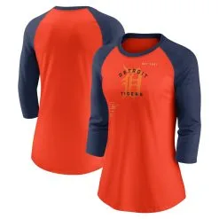 Women's Detroit Tigers Nike Orange/Navy Next Up Tri-Blend Raglan 3/4-Sleeve T-Shirt