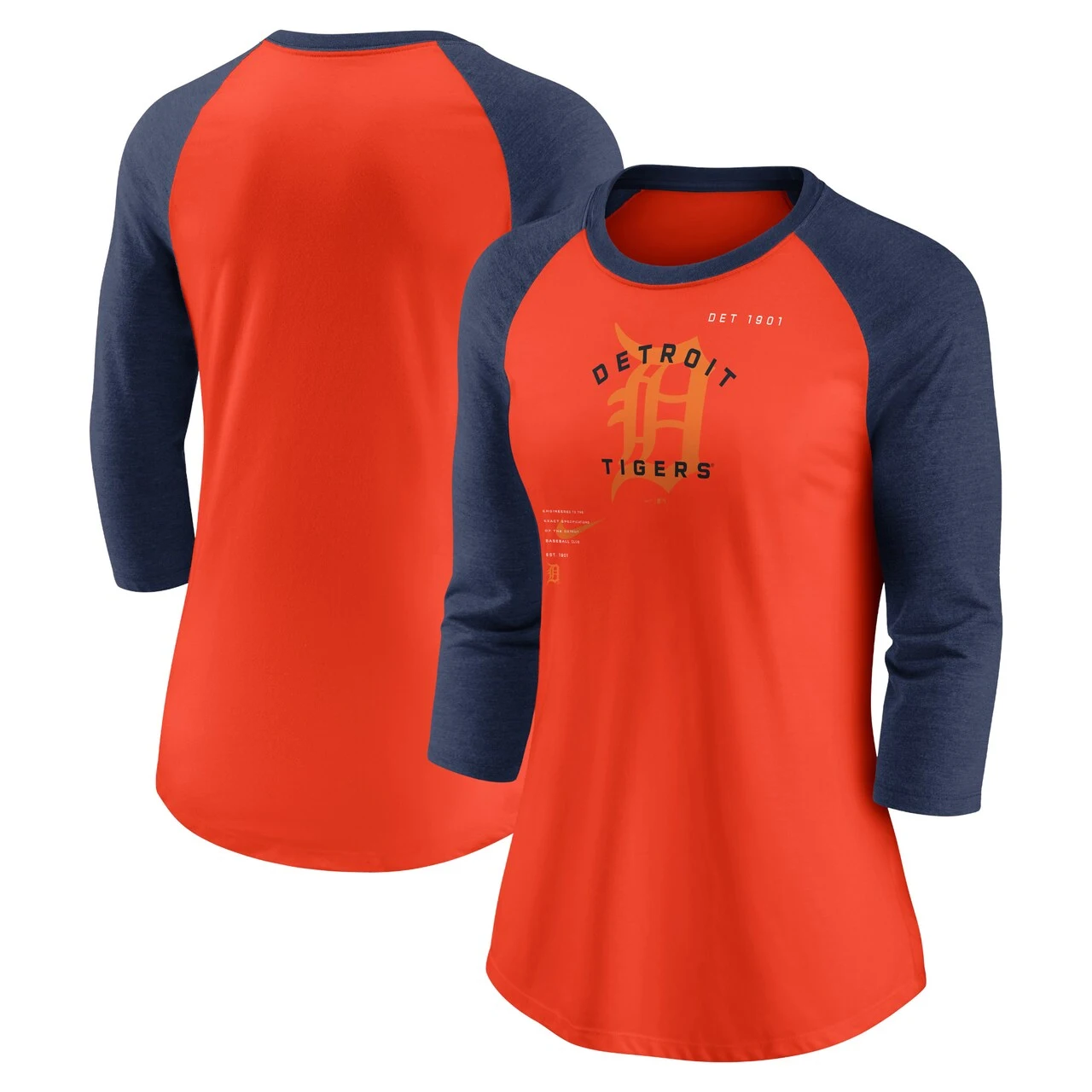 Women's Detroit Tigers Nike Orange/Navy Next Up Tri-Blend Raglan 3/4-Sleeve T-Shirt