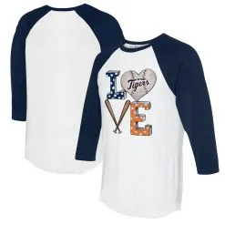 Women's Detroit Tigers Tiny Turnip White/Navy Baseball Love Raglan 3/4-Sleeve T-Shirt