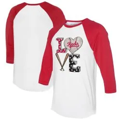 Women's Cincinnati Reds Tiny Turnip White/Red Baseball Love Raglan 3/4-Sleeve T-Shirt