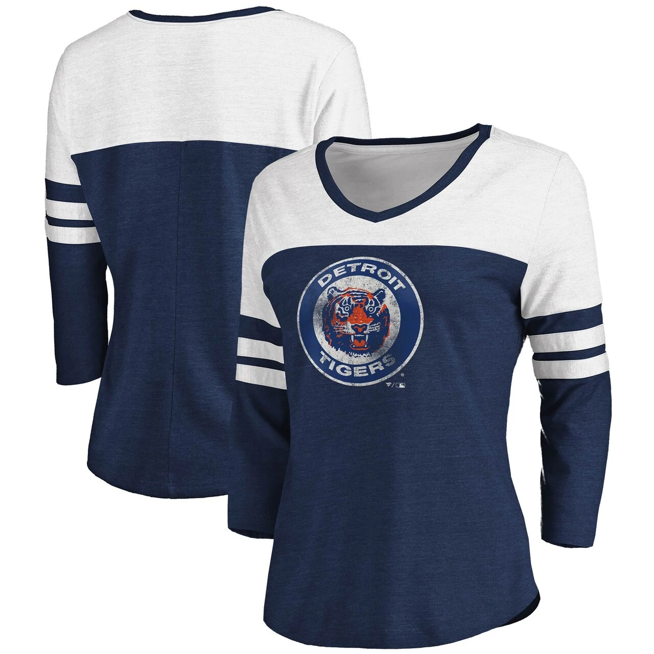 Women's Detroit Tigers Fanatics Branded Heathered Navy/White Women's Two-Toned Distressed Cooperstown Collection Tri-Blend 3/4-Sleeve V-Neck T-Shirt