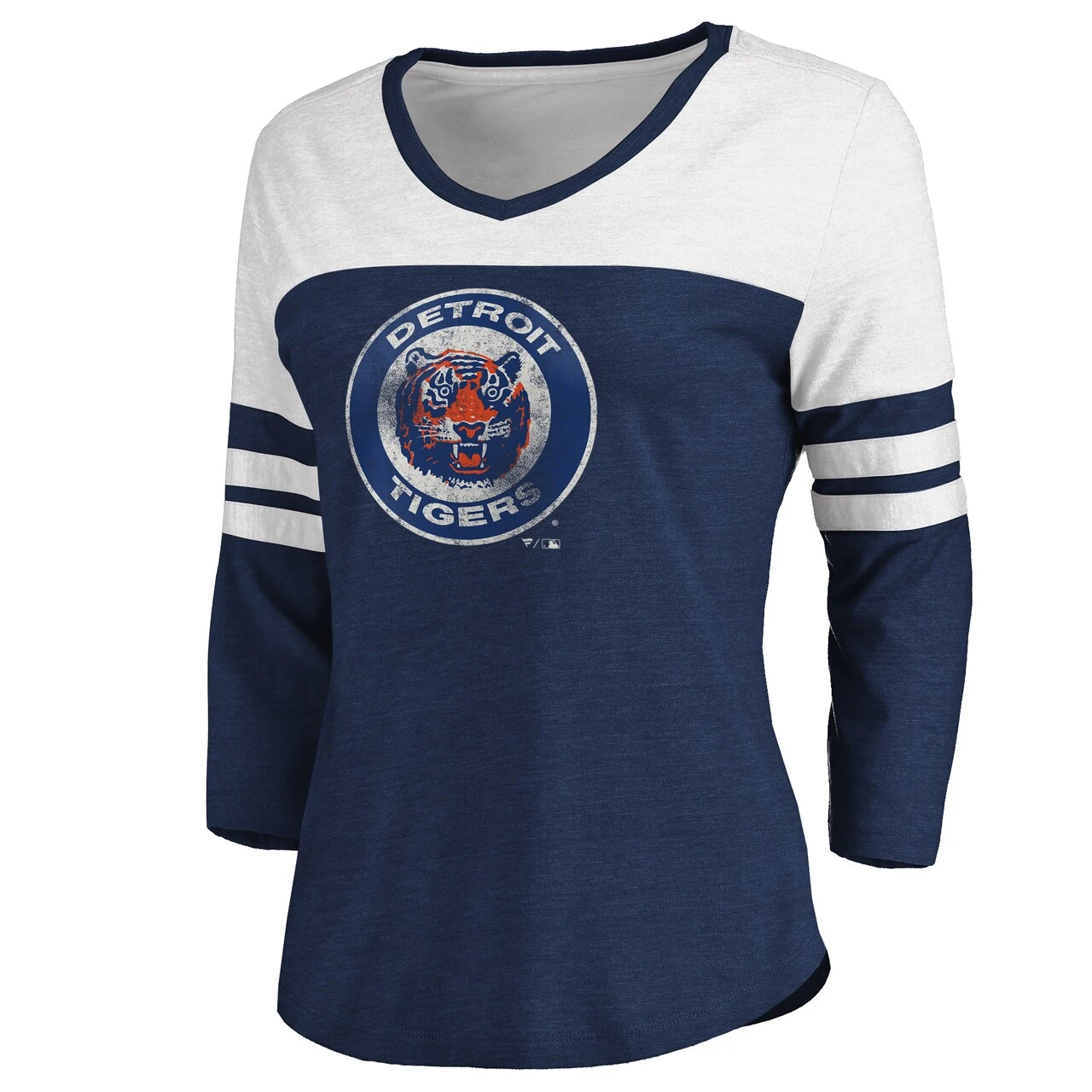 Women's Detroit Tigers Fanatics Branded Heathered Navy/White Women's Two-Toned Distressed Cooperstown Collection Tri-Blend 3/4-Sleeve V-Neck T-Shirt - Image 2