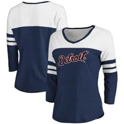 Women's Detroit Tigers Fanatics Branded Heathered Navy/White Official Wordmark 3/4 Sleeve V-Neck Tri-Blend T-Shirt