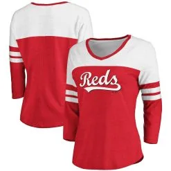 Women's Cincinnati Reds Fanatics Branded Heathered Red/White Official Wordmark 3/4 Sleeve V-Neck Tri-Blend T-Shirt