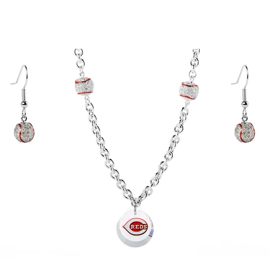 Cincinnati Reds Crystals From Swarovski Baseball Necklace & Earrings