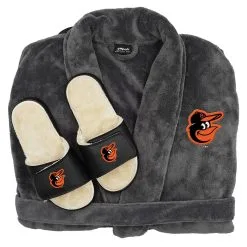 Baltimore Orioles ISlide Gray Faux Fur Slide Sandals & Robe Bundle