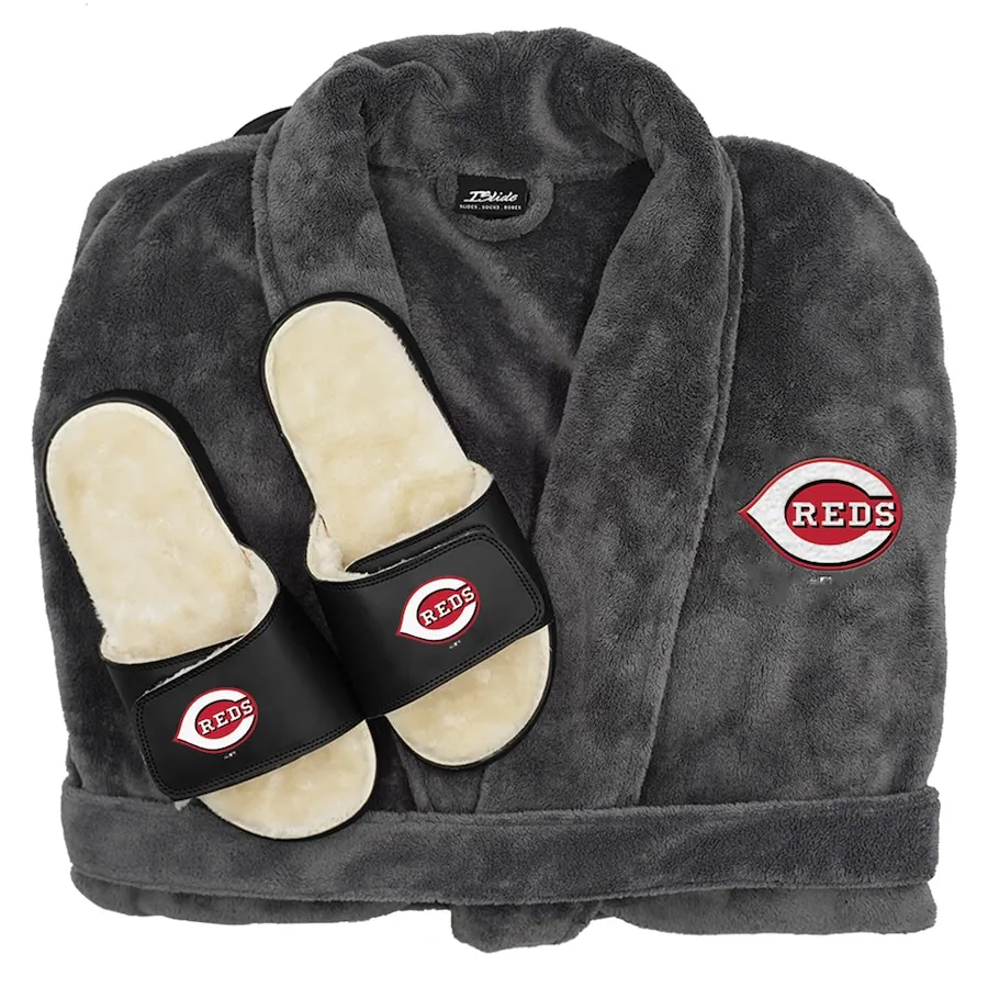 Cincinnati Reds ISlide Gray Faux Fur Slide Sandals & Robe Bundle