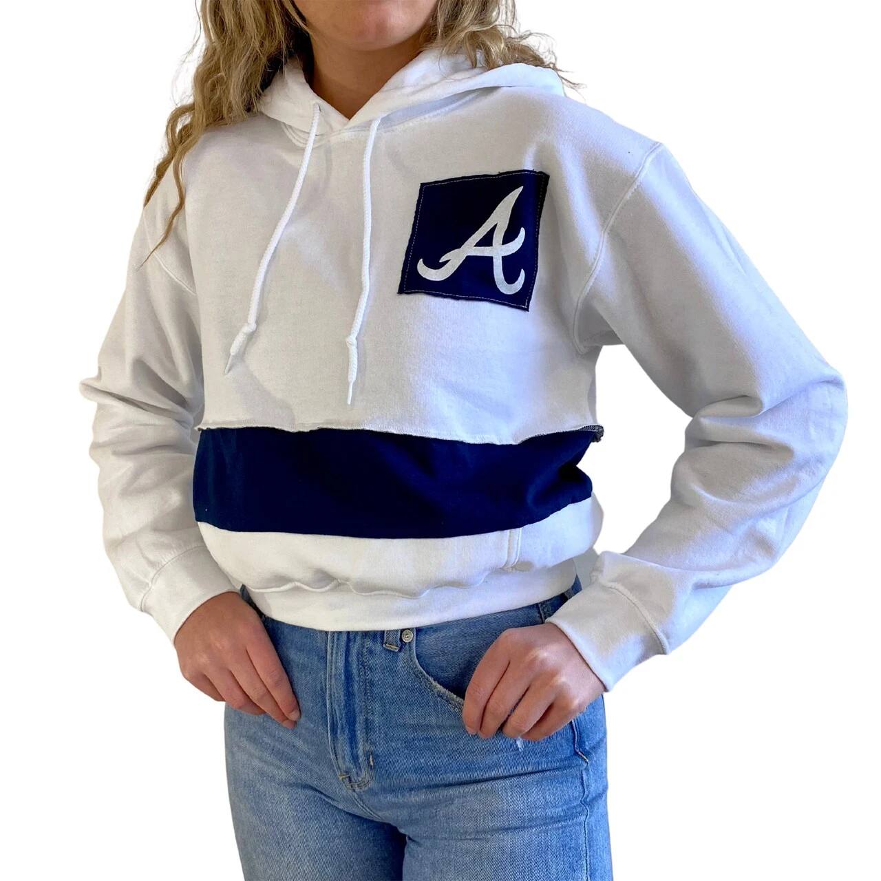 Women's Atlanta Braves Refried Apparel White/Navy Cropped Pullover Hoodie - Image 4