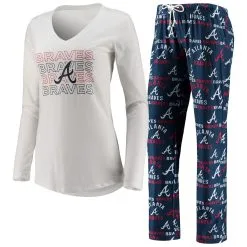 Women's Atlanta Braves Concepts Sport White/Navy Flagship Long Sleeve V-Neck T-Shirt & Pants Sleep Set