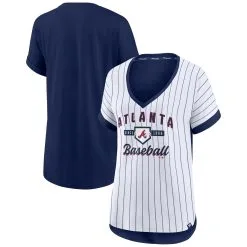 Women's Atlanta Braves Fanatics Branded White/Navy Iconic Noise Factor Pinstripe V-Neck T-Shirt