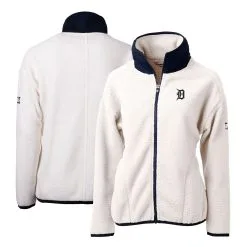 Women's Detroit Tigers Cutter & Buck White/Navy Cascade Eco Sherpa Fleece Full-Zip Jacket