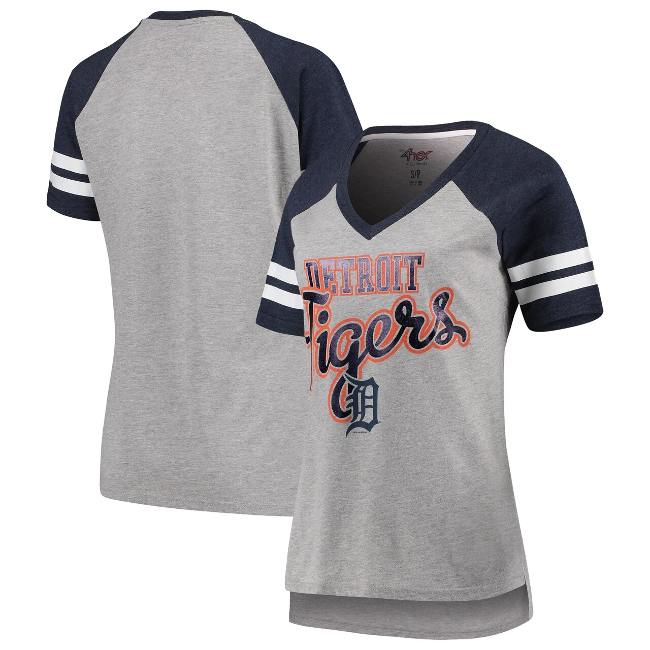 Women's Detroit Tigers G-III 4Her By Carl Banks Gray/Navy Goal Line Raglan V-Neck T-Shirt